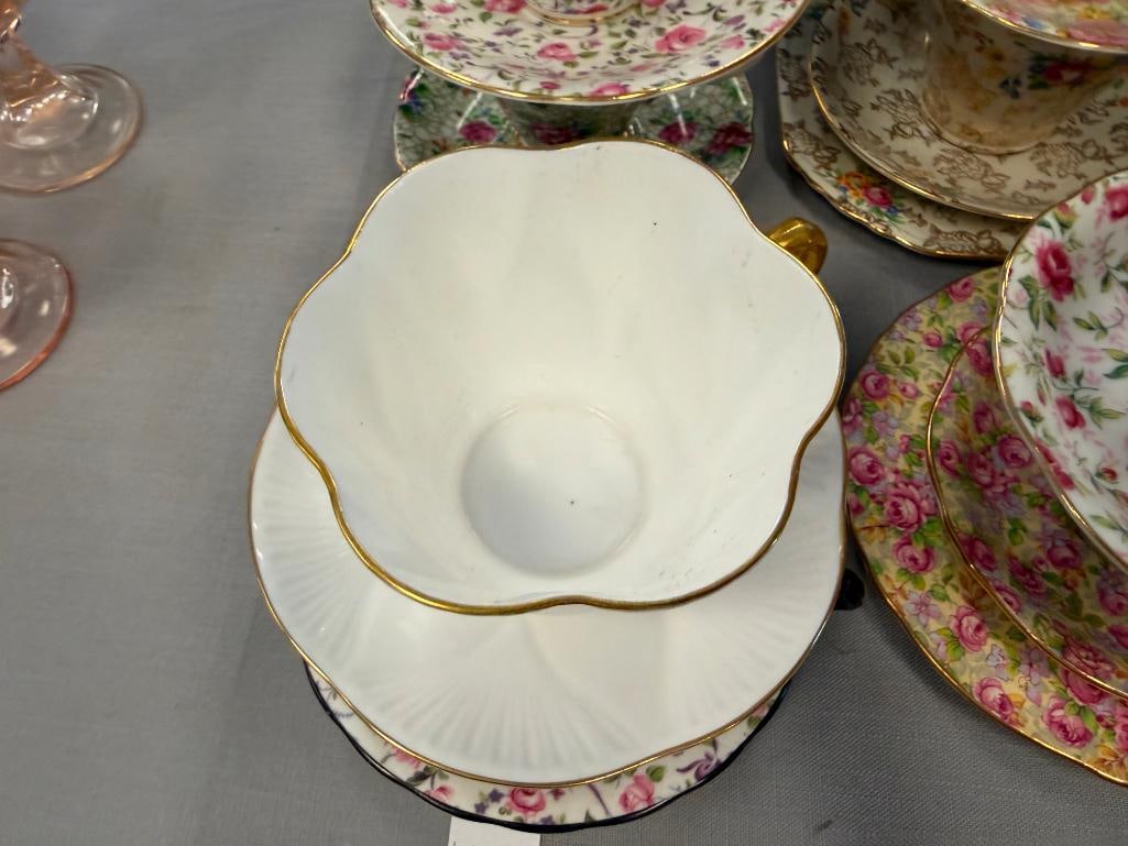 14 TEA CUP AND SAUCERS SETS MOSTLY ENGLISH MADE AYNSLEY, SHELLEY, LEFTON, LENOX, CLARENCE - 14
