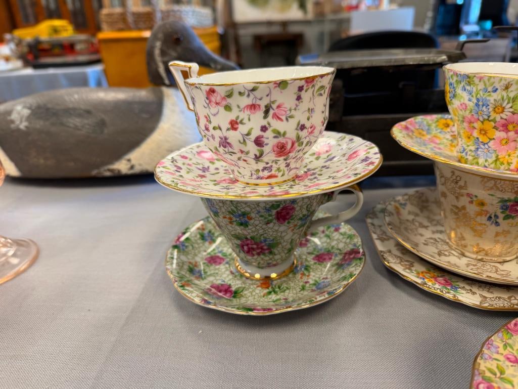 14 TEA CUP AND SAUCERS SETS MOSTLY ENGLISH MADE AYNSLEY, SHELLEY, LEFTON, LENOX, CLARENCE - 17
