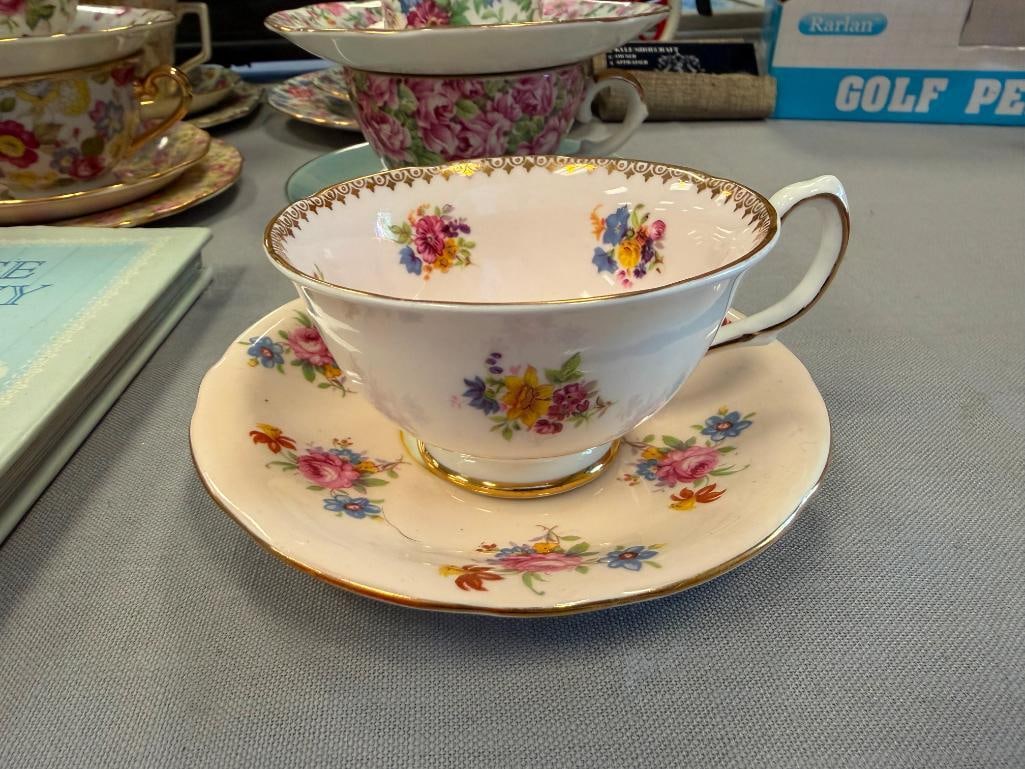 14 TEA CUP AND SAUCERS SETS MOSTLY ENGLISH MADE AYNSLEY, SHELLEY, LEFTON, LENOX, CLARENCE - 3