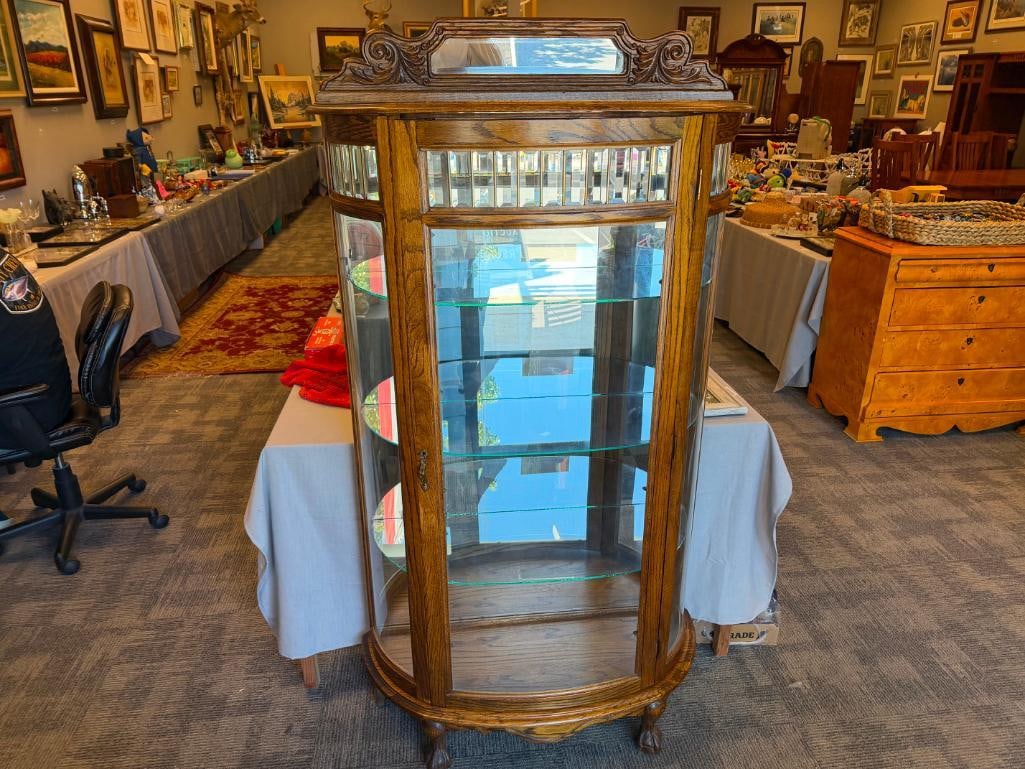 20TH CENTURY OAK BOW FRONT DISPLAY / CURIO CABINET - 2