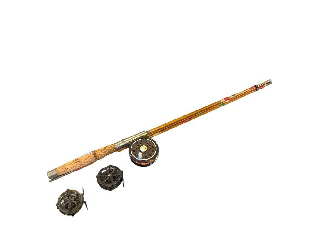 VINTAGE SPLIT BAMBOO FLY FISHING ROD WITH REEL PLUS PLFEUGER PROGRESS REEL AND WINCHESTER 1235 REEL (1 of 4)