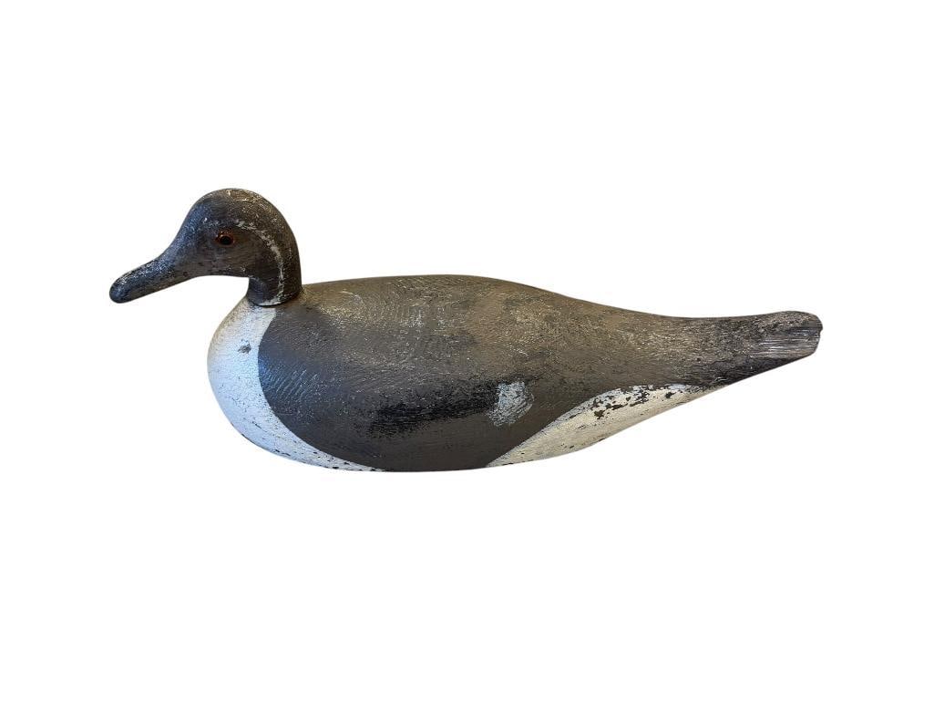 EARLY 20TH CENTURY ANTIQUE HAND CARVED WOODEN DUCK DECOY WITH GLASS EYES AND LEAD WEIGHT: HAND PAINTED WOODEN DUCK DECOY, FEATURES AMBER GLASS EYES AND LEAD WEIGHT, TAIL FEATHER IS DAMAGED, PAINT WEAR FROM USE / AGE 18" L