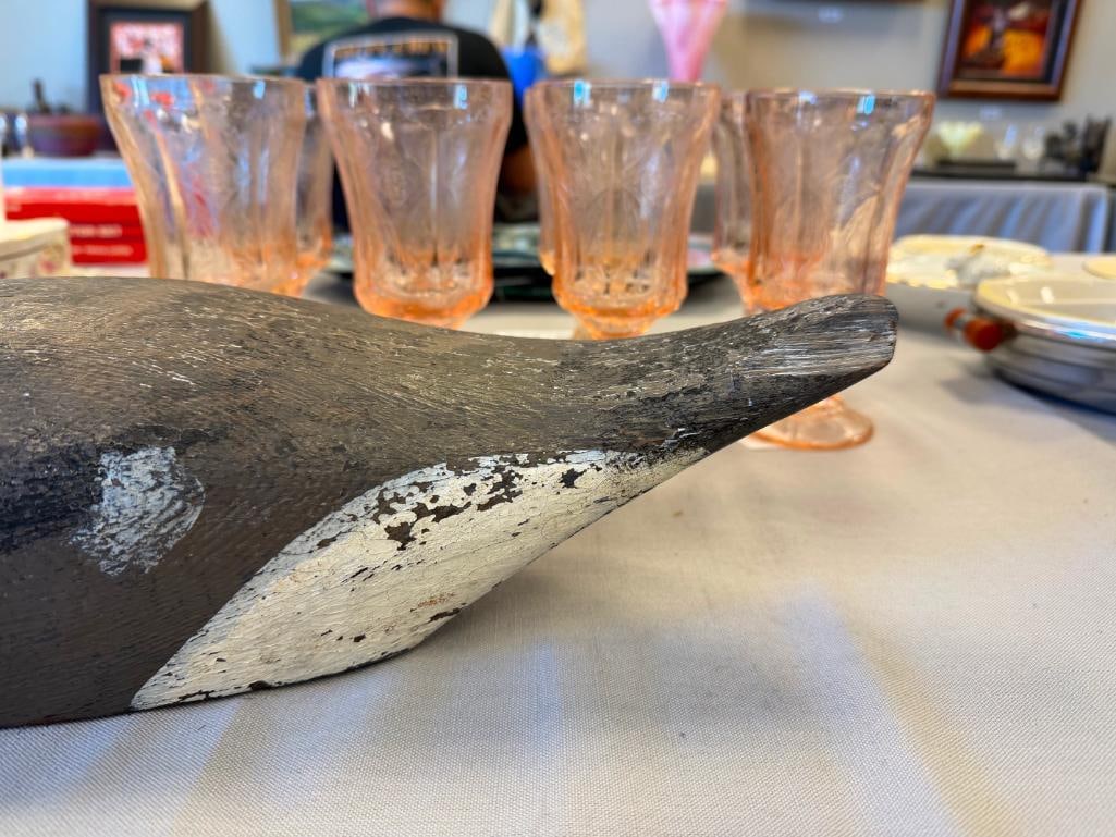 EARLY 20TH CENTURY ANTIQUE HAND CARVED WOODEN DUCK DECOY WITH GLASS EYES AND LEAD WEIGHT - 6