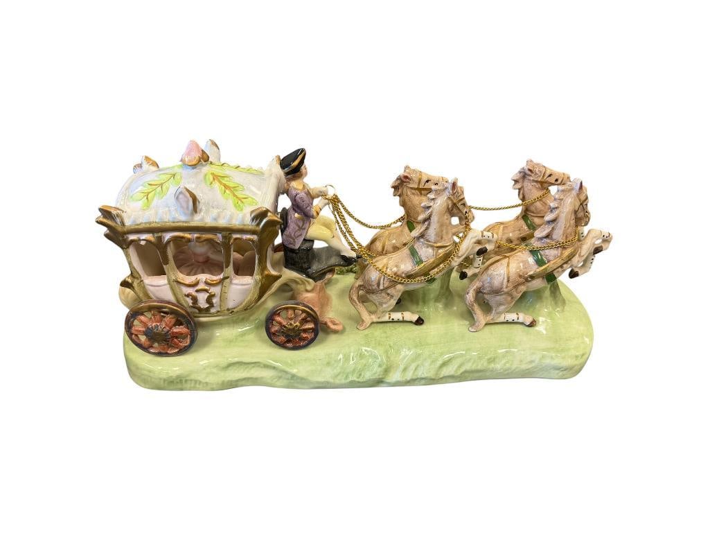 VINTAGE NUOVA CAPODIMONTE HAND PAINTED CERAMIC HORSE-DRAWN CARRIAGE FIGURINE: FOUR HORSE DRAWN CARRIAGE WITH COACHMAN, MARKED ON THE BOTTOM, NO DAMAGE OR REPAIRS 14" L, 6 3/4" H