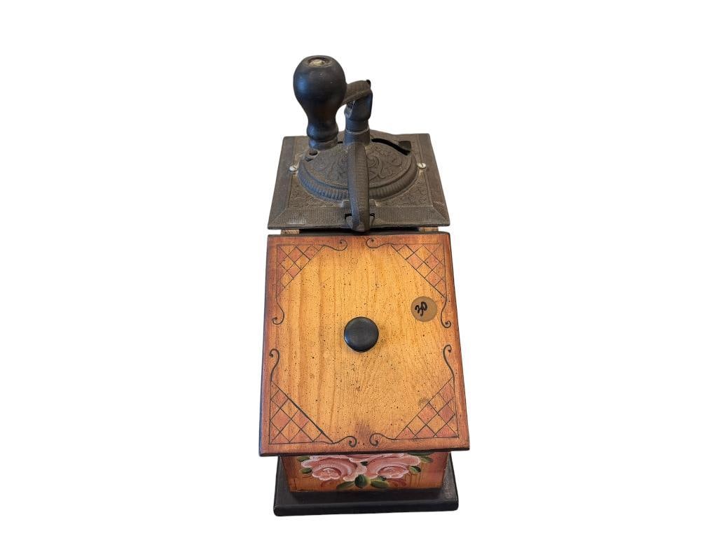 DECORATIVE COFFEE MILL / GRINDER STORAGE BOX WITH FLORAL DESIGN: CAST ION HAND CRANK WITH FAUX GRINDINGS DRAWER 12"X 6" X 12" 