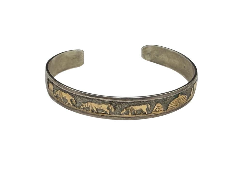 NAVAJO TOM AND SYLVIA KEE ARTIST SIGNED STERLING SILVER AND GOLD FILLED STORYTELLER BRACELET: HALLMARKED BY ARTIST 2 3/8" WRIST CUFF WIDTH X 3/8" THICK, 14.44 GRAMS