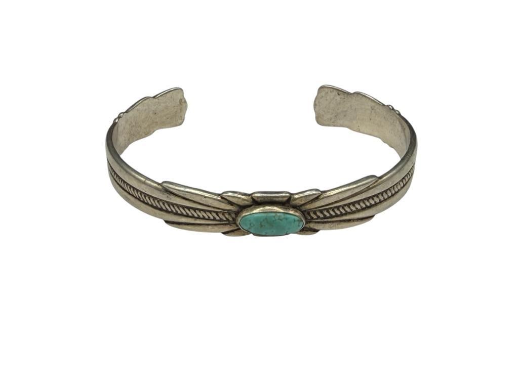 VINTAGE NAVAJO STERLING SILVER TURQUOISE CUFF BRACELET: 2 3/8" CUFF WRIST WIDTH X 3/8" THICK, 19.22 GRAMS