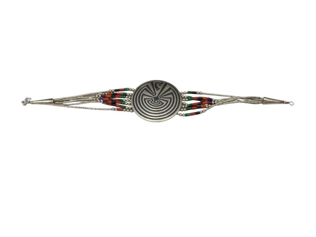 HOPI STERLING SILVER MAZE MAN KOKOPELLI BRACELET WITH MULTI-STONE BEAD ACCENTS: CLASP NEEDS REPAIR BUT STILL WEARABLE 6 1/2", 1 1/4" CENTER PIECE, 11.68 GRAMS