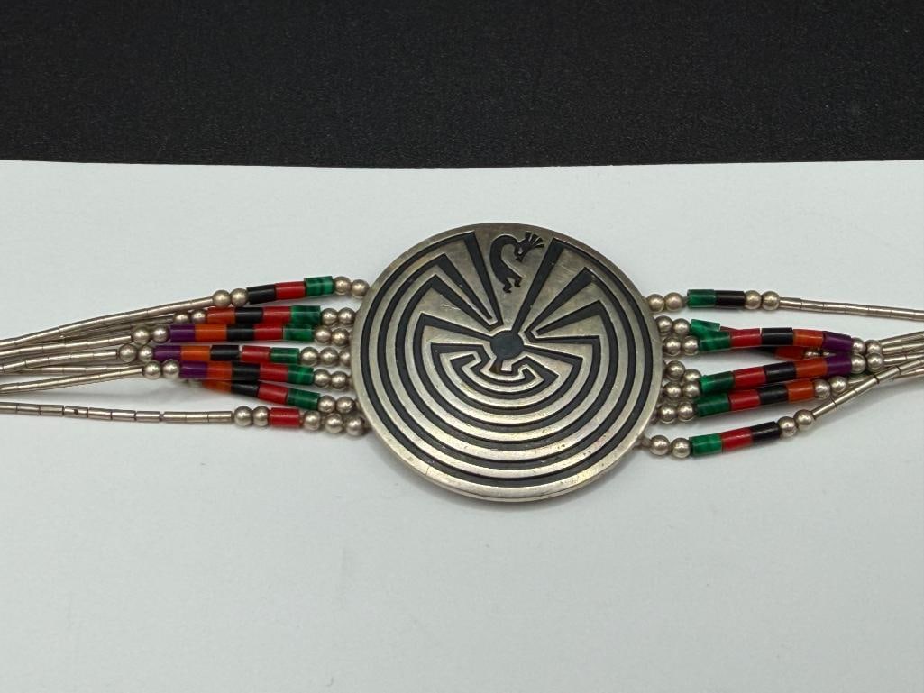 HOPI STERLING SILVER MAZE MAN KOKOPELLI BRACELET WITH MULTI-STONE BEAD ACCENTS - 2