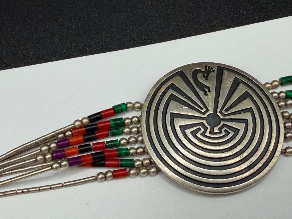 HOPI STERLING SILVER MAZE MAN KOKOPELLI BRACELET WITH MULTI-STONE BEAD ACCENTS - 3