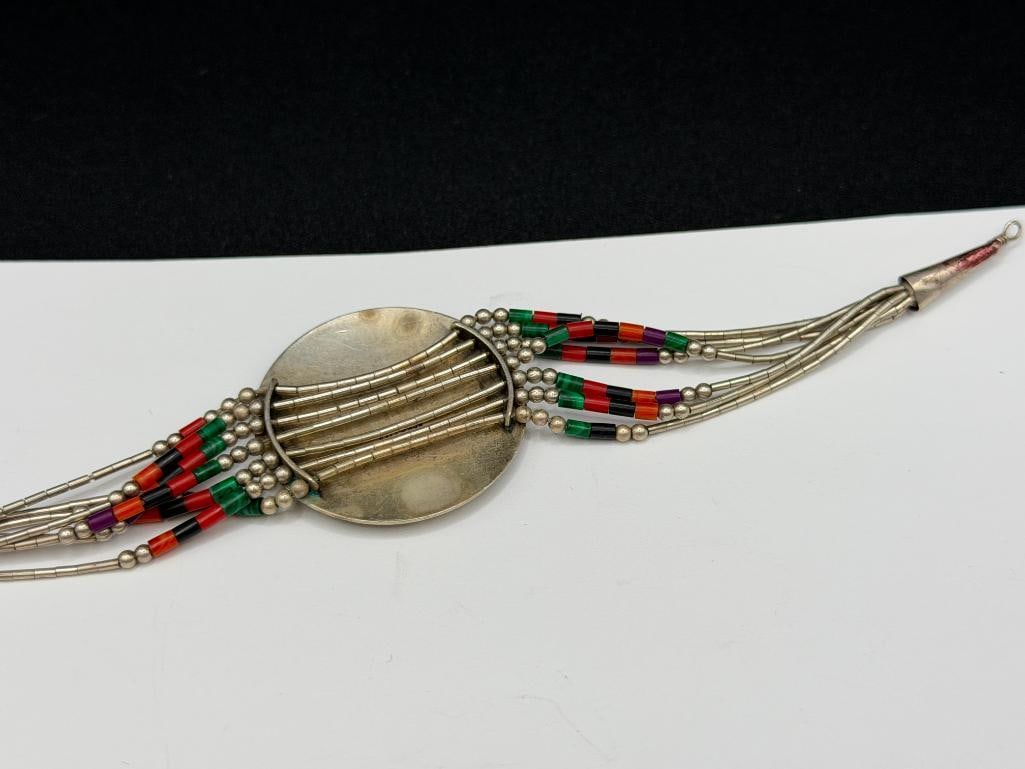 HOPI STERLING SILVER MAZE MAN KOKOPELLI BRACELET WITH MULTI-STONE BEAD ACCENTS - 5
