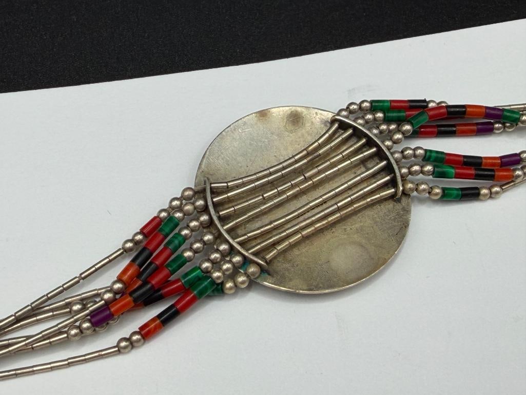 HOPI STERLING SILVER MAZE MAN KOKOPELLI BRACELET WITH MULTI-STONE BEAD ACCENTS - 6