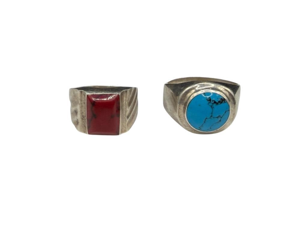 TWO VINTAGE TAXCO MEXICO STERLING SILVER MEN'S RINGS INCLUDING SIMULATED TURQUOISE AND RED CORAL: BOTH HALLMARKED MEXICO SIZE 10 AND 14, 35.26 GRAMS TOTAL