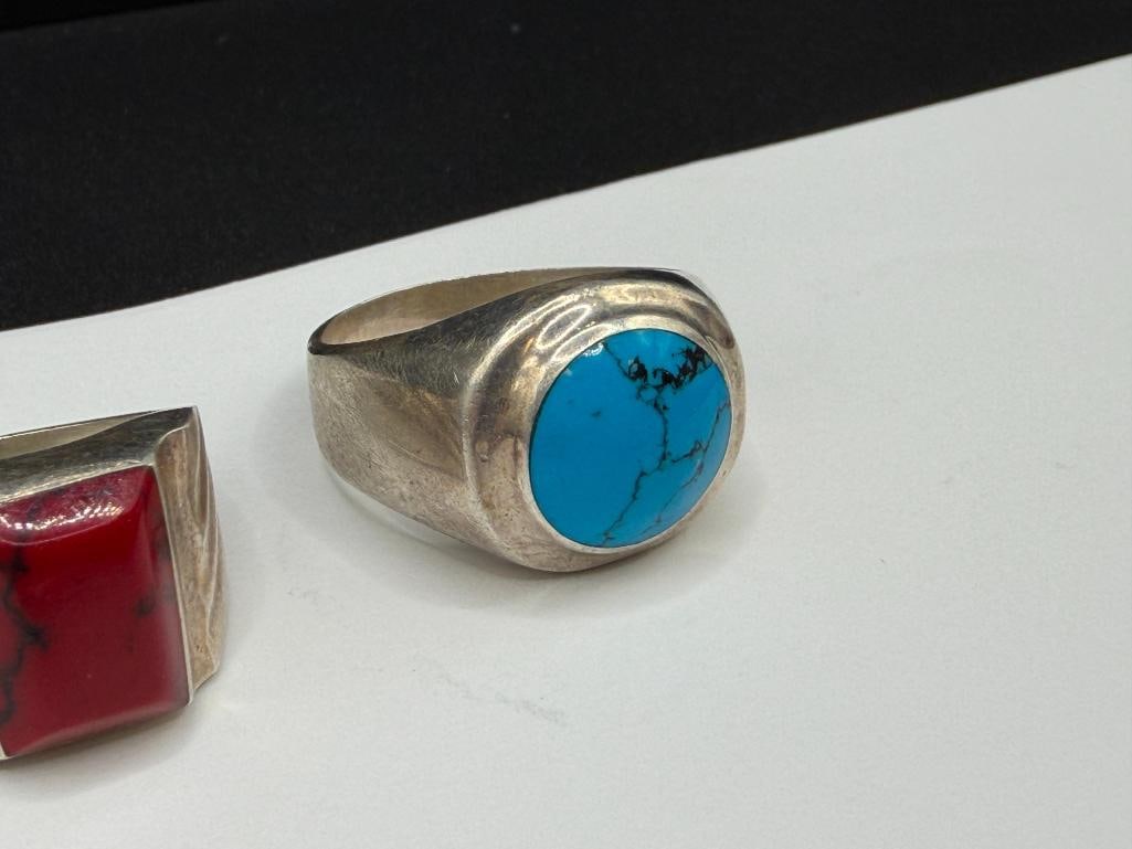 TWO VINTAGE TAXCO MEXICO STERLING SILVER MEN'S RINGS INCLUDING SIMULATED TURQUOISE AND RED CORAL - 2
