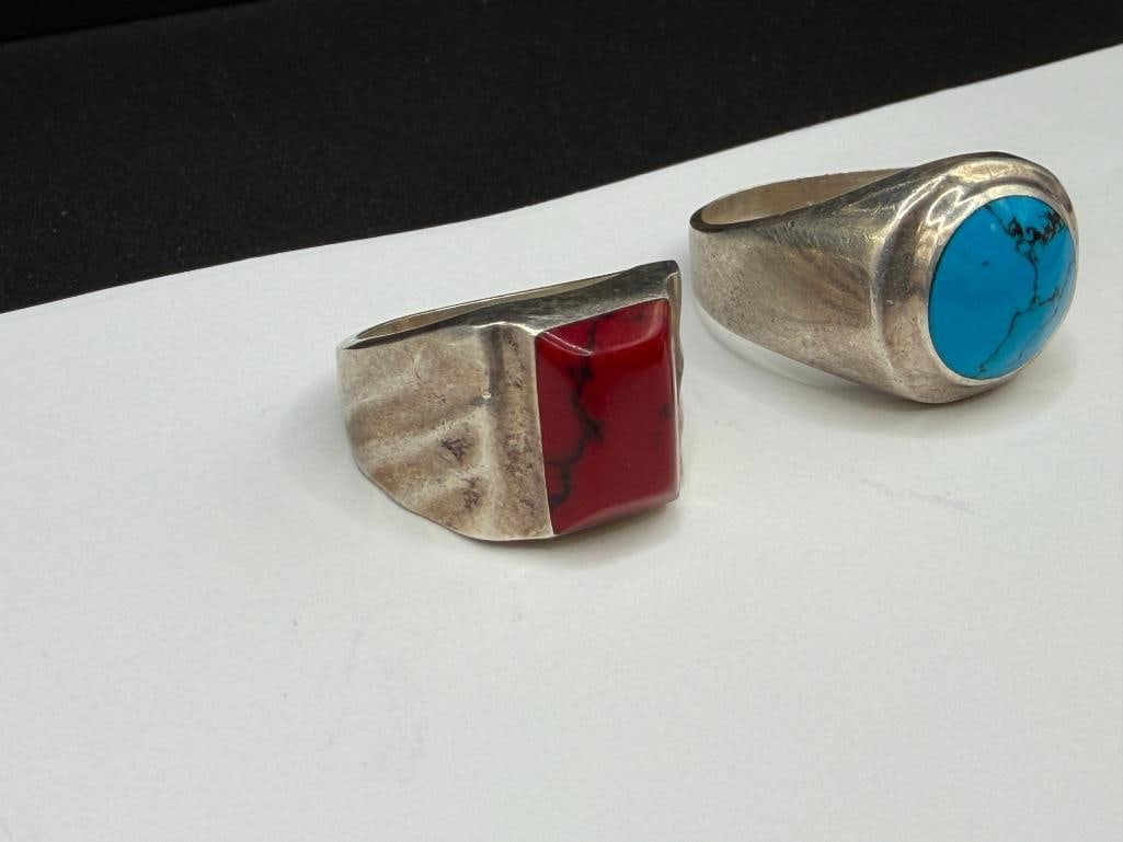 TWO VINTAGE TAXCO MEXICO STERLING SILVER MEN'S RINGS INCLUDING SIMULATED TURQUOISE AND RED CORAL - 3