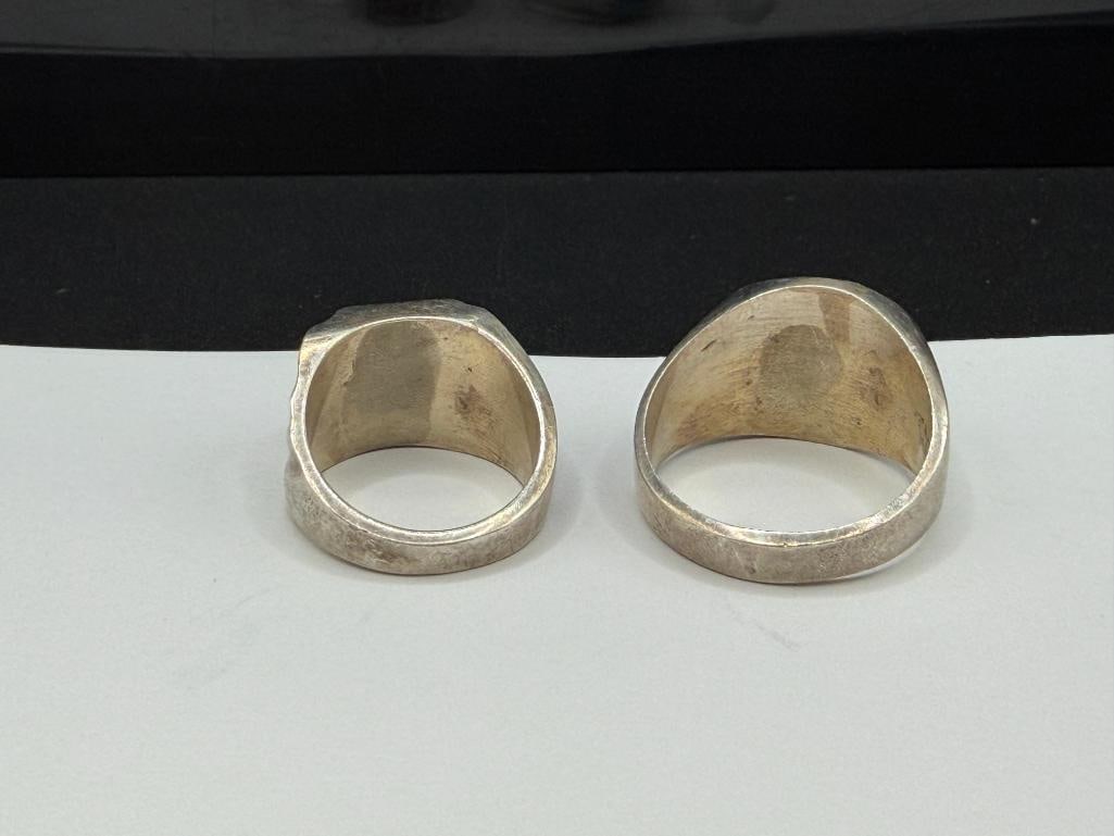 TWO VINTAGE TAXCO MEXICO STERLING SILVER MEN'S RINGS INCLUDING SIMULATED TURQUOISE AND RED CORAL - 4