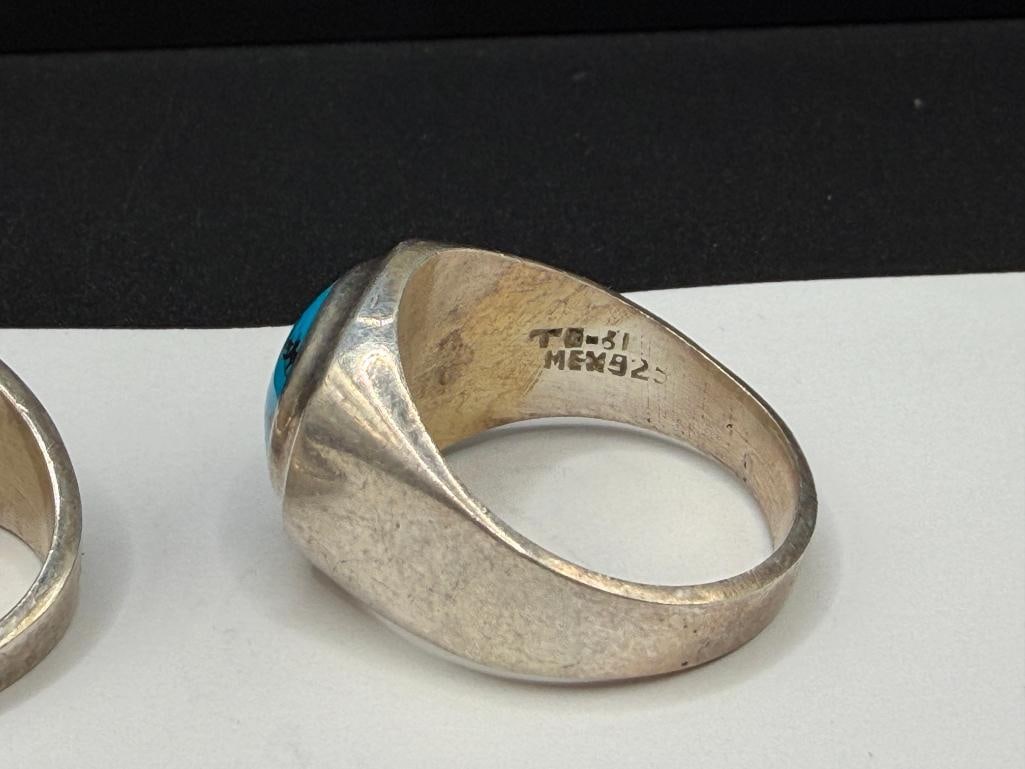 TWO VINTAGE TAXCO MEXICO STERLING SILVER MEN'S RINGS INCLUDING SIMULATED TURQUOISE AND RED CORAL - 5