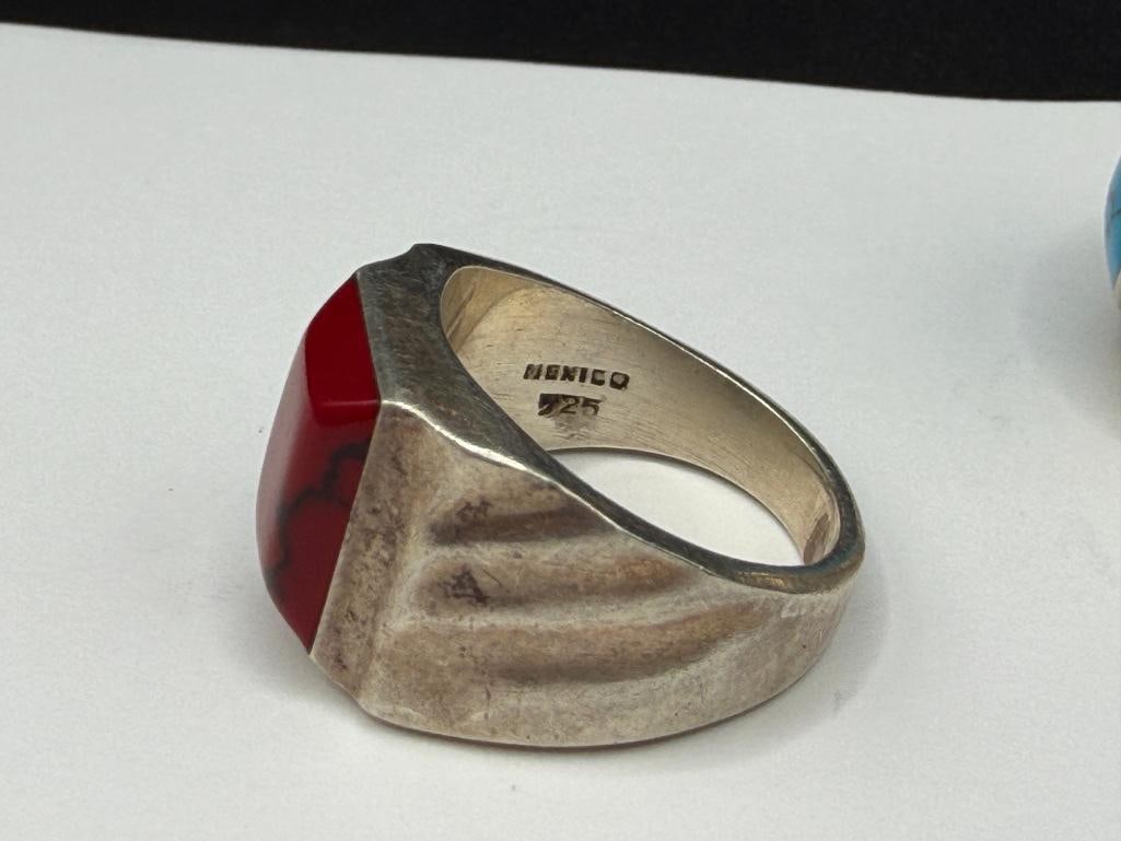 TWO VINTAGE TAXCO MEXICO STERLING SILVER MEN'S RINGS INCLUDING SIMULATED TURQUOISE AND RED CORAL - 6