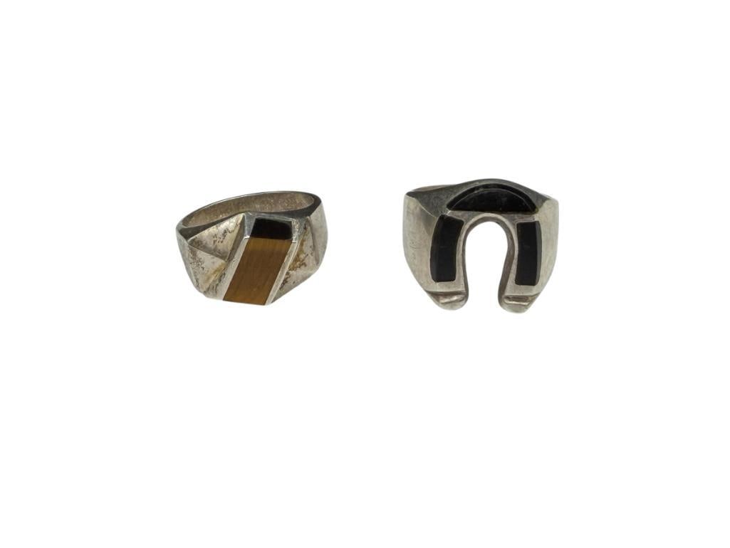 TWO VINTAGE TAXCO MEXICO MEN'S STERLING SILVER RINGS INCLUDING INLAID TIGER'S EYE AND ONYX HORSES... (1 of 7)