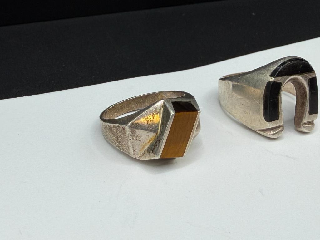 TWO VINTAGE TAXCO MEXICO MEN'S STERLING SILVER RINGS INCLUDING INLAID TIGER'S EYE AND ONYX HORSES... - 2