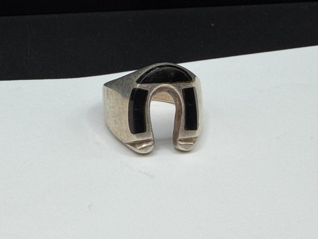 TWO VINTAGE TAXCO MEXICO MEN'S STERLING SILVER RINGS INCLUDING INLAID TIGER'S EYE AND ONYX HORSES... - 5