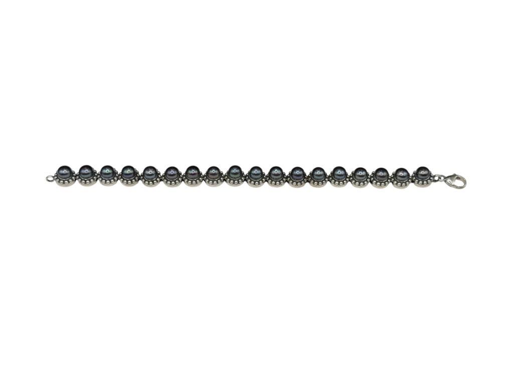 STERLING SILVER DYED PURPLE PEARL LINK BRACELET: 7 1/2" X 3/8", 6MM PEARLS, 26.42 GRAMS
