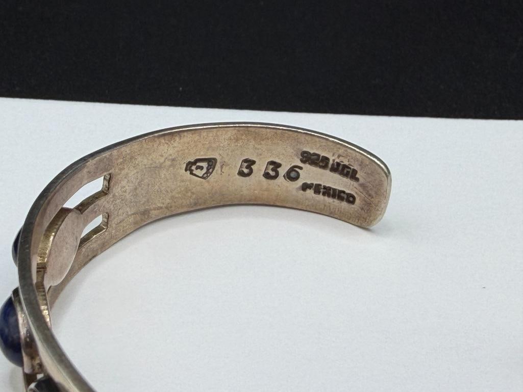 VINTAGE MEXICO ARTIST SIGNED STERLING SILVER OVAL CABOCHON BLUE STONE CUFF BRACELET - 5