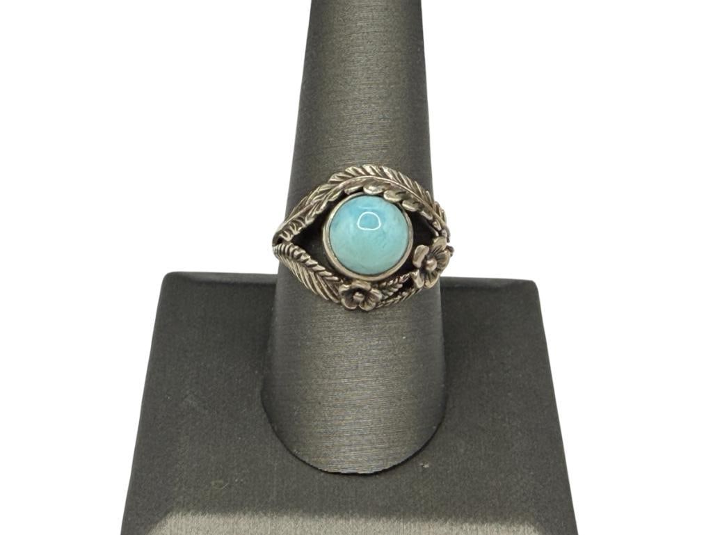 VINTAGE STERLING SILVER NAVAJO DESIGN LARIMAR RING: FEATURING ROUND CABOCHON LARIMER SIZE 9 1/2, 5/8" FRONT, 5.14 GRAMS