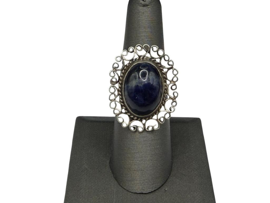 VINTAGE MEXICO PLATERIA FARFAN DESIGNER SIGNED STERLING SILVER BLUE STONE RING: FEATURING OVAL CABOCHON BLUE STONE WITH FILIGREE BORDER SIZE 7, 1 1/8" FRONT, 7.00 GRAMS