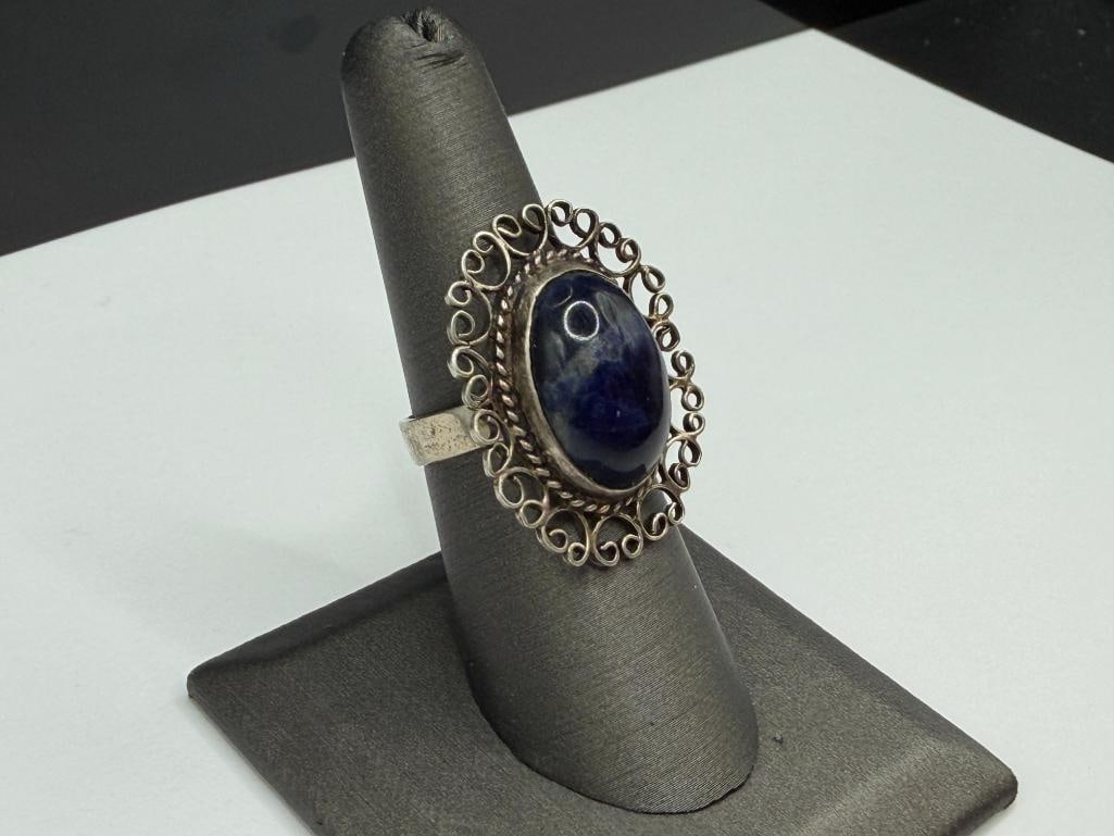 VINTAGE MEXICO PLATERIA FARFAN DESIGNER SIGNED STERLING SILVER BLUE STONE RING - 2