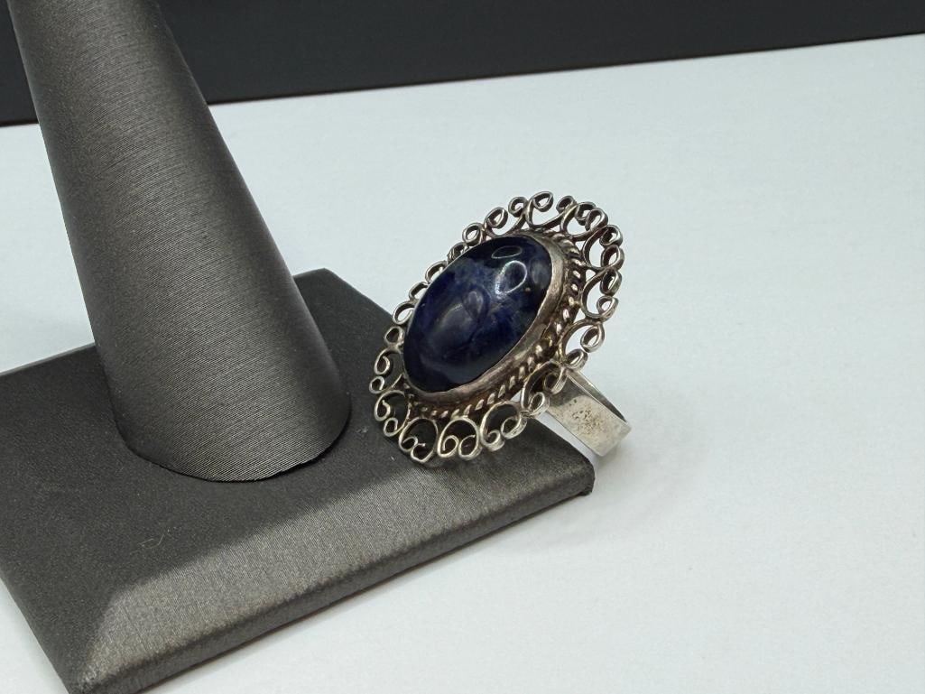 VINTAGE MEXICO PLATERIA FARFAN DESIGNER SIGNED STERLING SILVER BLUE STONE RING - 3
