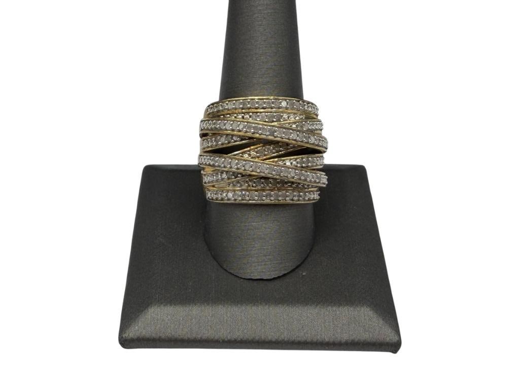 STELRING SILVER GOLD PLATED DIAMOND FASHION RING: FEATURING NINE BANDS OF ROUND CUT DIAMONDS SIZE 10, 13/16" FRONT, 1.5MM DIAMONDS, 12.69 GRAMS