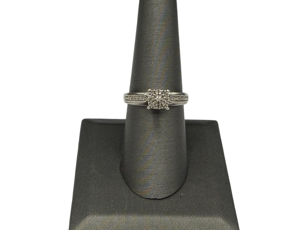 STELRING SILVER DIAMOND ENGAGEMENT RING: SIZE 7 3/4, 1/4" FRONT, 1MM DIAMONDS, 3.23 GRAMS