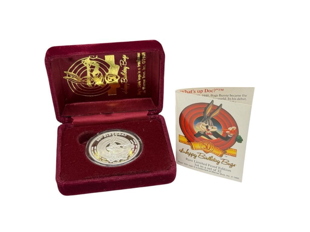 WARNER BROS INC. BUGS BUNNY 50TH ANNIVERSARY BIRTHDAY COMMEMORATIVE .999 FINE SILVER ROUND: IN ORIGINAL CASE WITH CERTIFICATE OF AUTHENTICITY, "WHAT'S UP DOC?", GREAT DETAIL IN RELIEF 1 TROY OUNCE