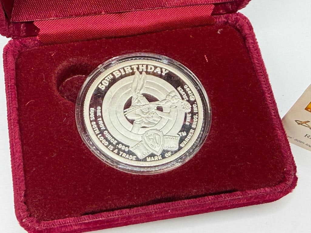 WARNER BROS INC. BUGS BUNNY 50TH ANNIVERSARY BIRTHDAY COMMEMORATIVE .999 FINE SILVER ROUND - 2
