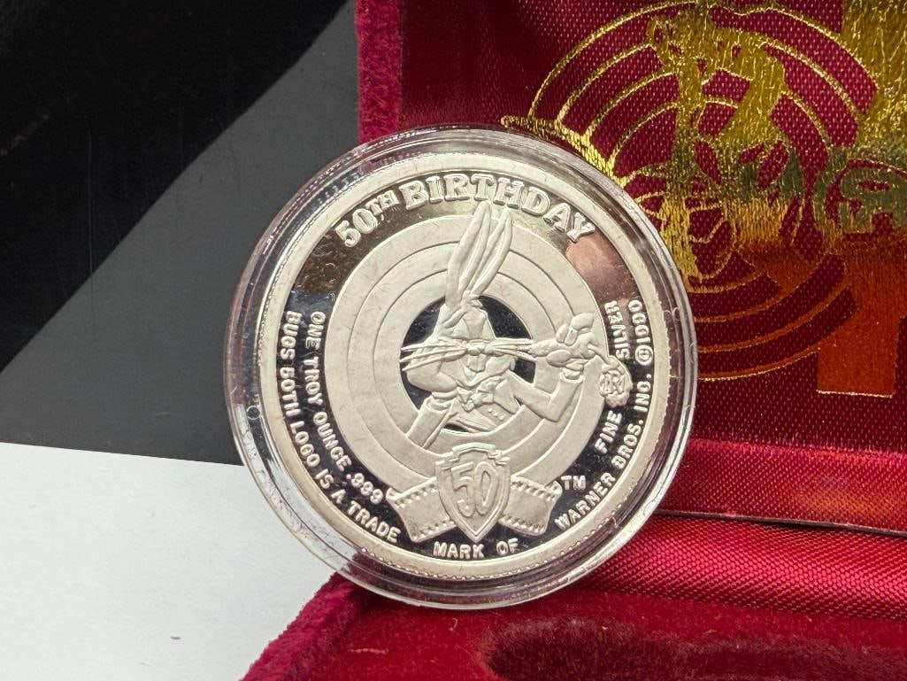 WARNER BROS INC. BUGS BUNNY 50TH ANNIVERSARY BIRTHDAY COMMEMORATIVE .999 FINE SILVER ROUND - 3