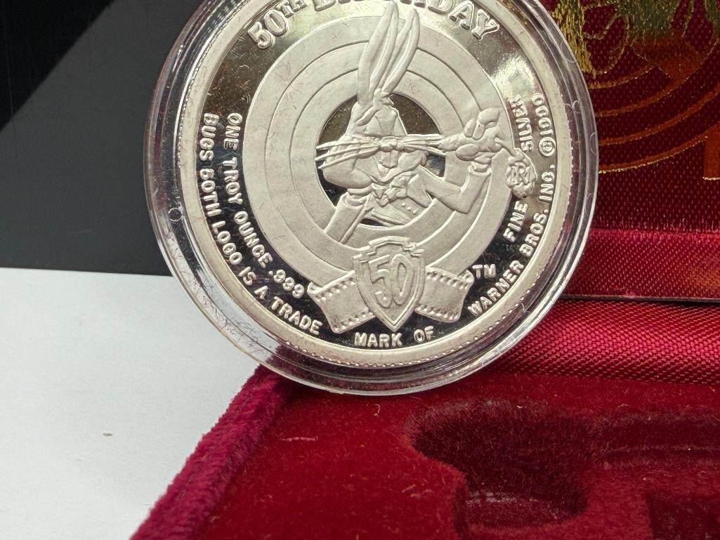 WARNER BROS INC. BUGS BUNNY 50TH ANNIVERSARY BIRTHDAY COMMEMORATIVE .999 FINE SILVER ROUND - 4