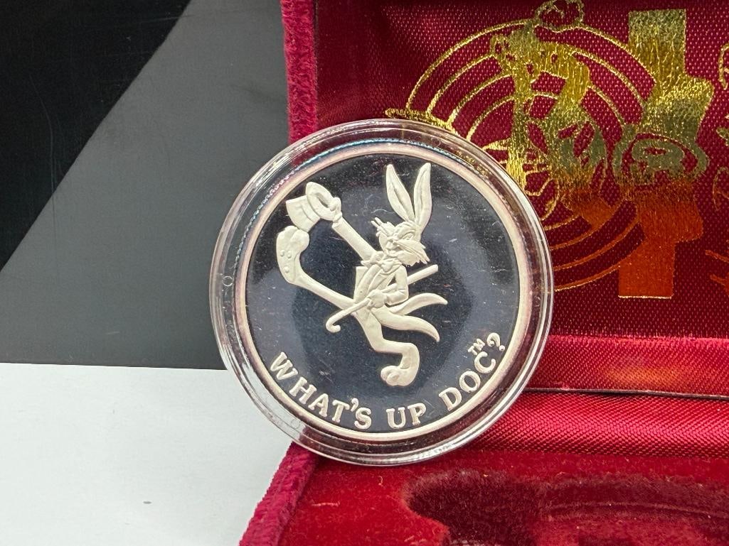 WARNER BROS INC. BUGS BUNNY 50TH ANNIVERSARY BIRTHDAY COMMEMORATIVE .999 FINE SILVER ROUND - 5