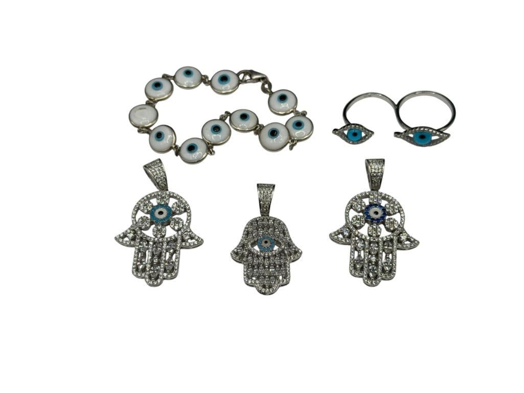 STERLING SILVER MAL DE OJO GOOD VIBES ONLY JEWELRY INCLUDING PENDANTS, BRACELETS, AND DUAL RING: 36.63 GRAMS