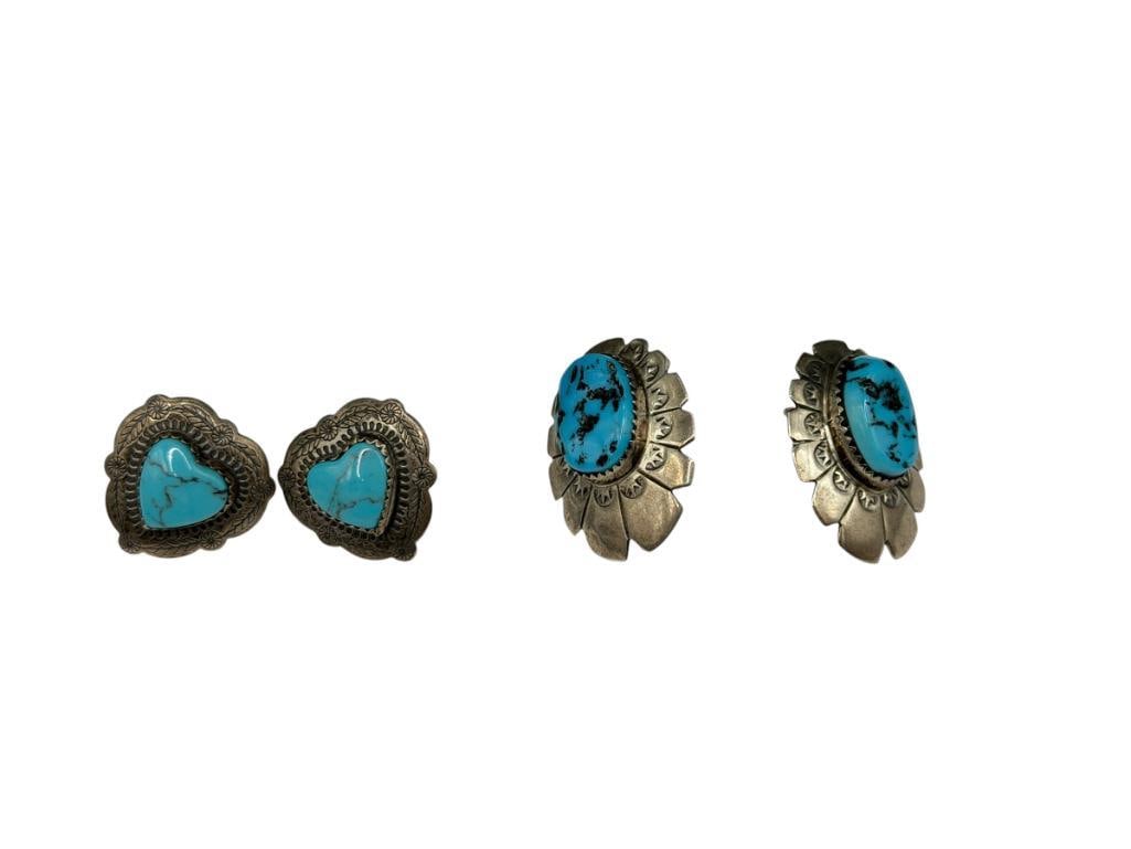 TWO PAIRS OF VINTAGE NAVAJO STERLING SILVER TURQUOISE EARRINGS INCLUDING ONE POSSIBLY ARNOLD BEGAY (1 of 8)