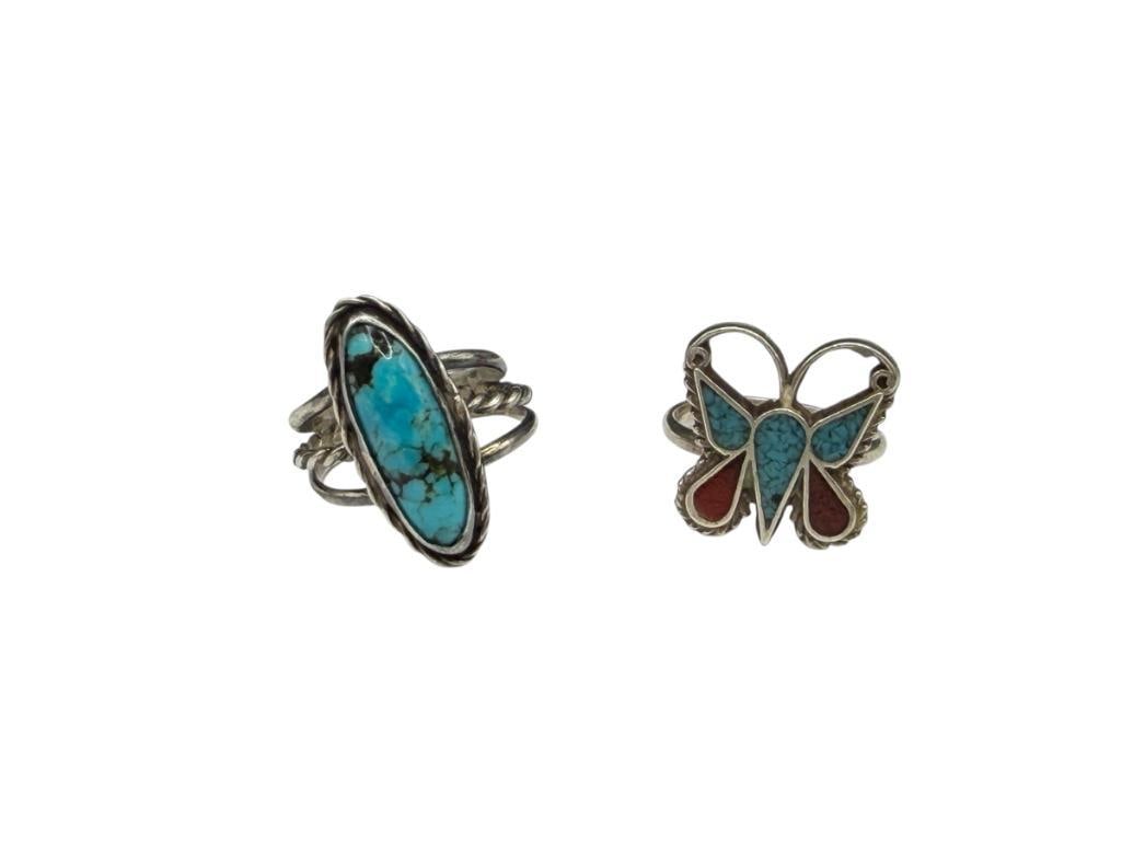 TWO VINTAGE NAVAJO STERLING SILVER RINGS INCLUDING OBLONG TURQUOISE AND CRUSHED TURQUOISE BUTTERFLY: BUTTERFLY RING FEATURES INLAID DESIGN AND HAS CRUSHED CORAL AS WELL SIZE SIZE 5 AND 6, 6.46 GRAMS TOTAL