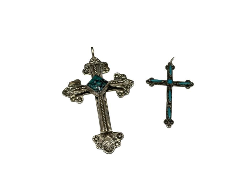 TWO NAVAJO STERLING SILVER TURQUOISE CROSS PENDANTS: BOTH HALLMARKED BY ARTIST, ONE FEATURES ORNATE STAMPED DESIGN LARGEST IS 2 3/8", 13.45 GRAMS