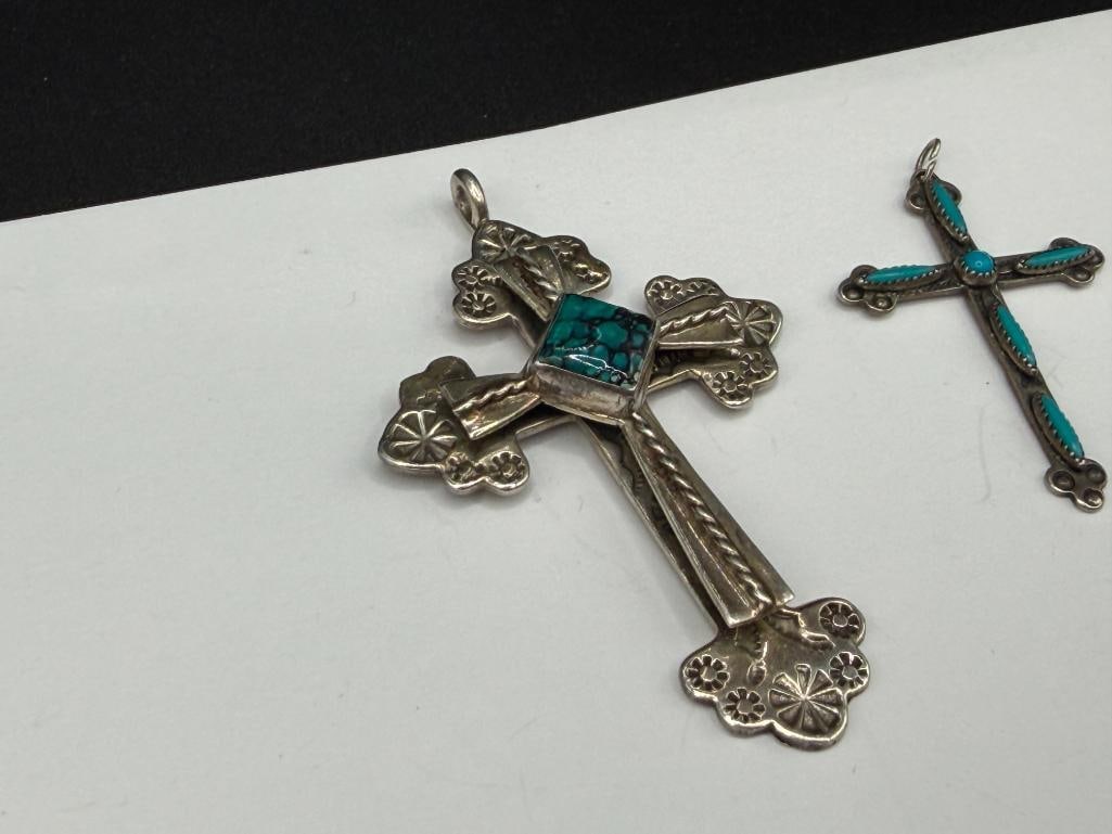 TWO NAVAJO STERLING SILVER TURQUOISE CROSS PENDANTS - 2