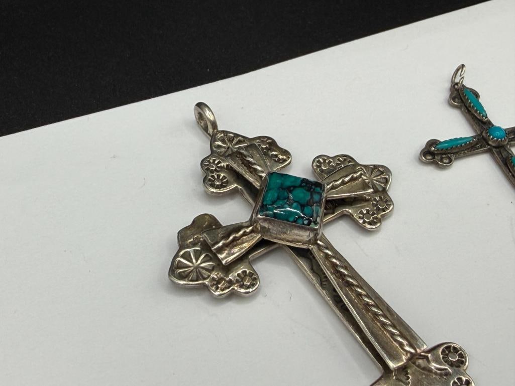 TWO NAVAJO STERLING SILVER TURQUOISE CROSS PENDANTS - 3