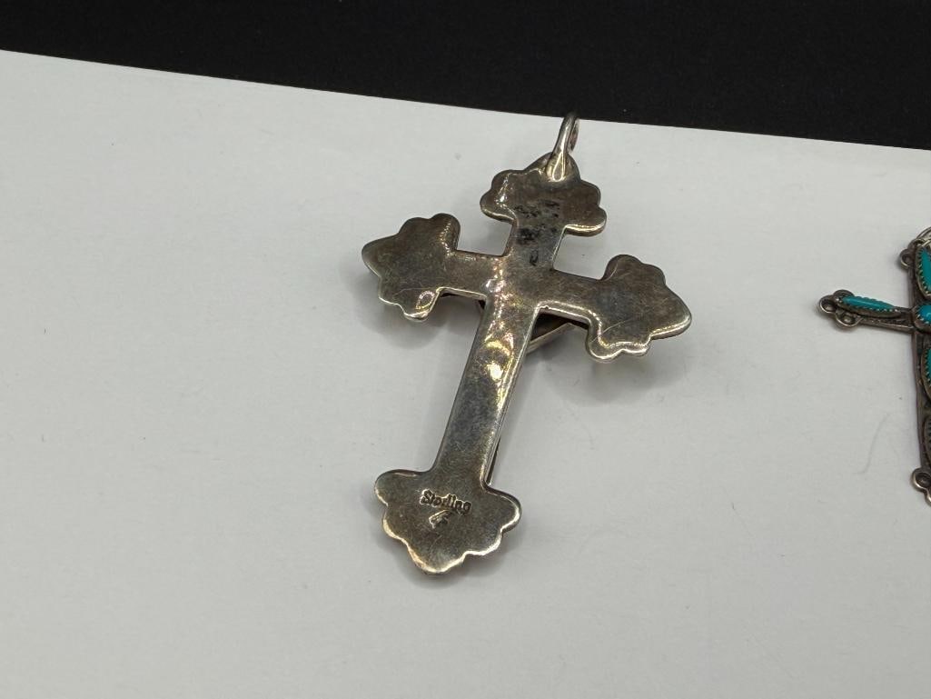 TWO NAVAJO STERLING SILVER TURQUOISE CROSS PENDANTS - 4