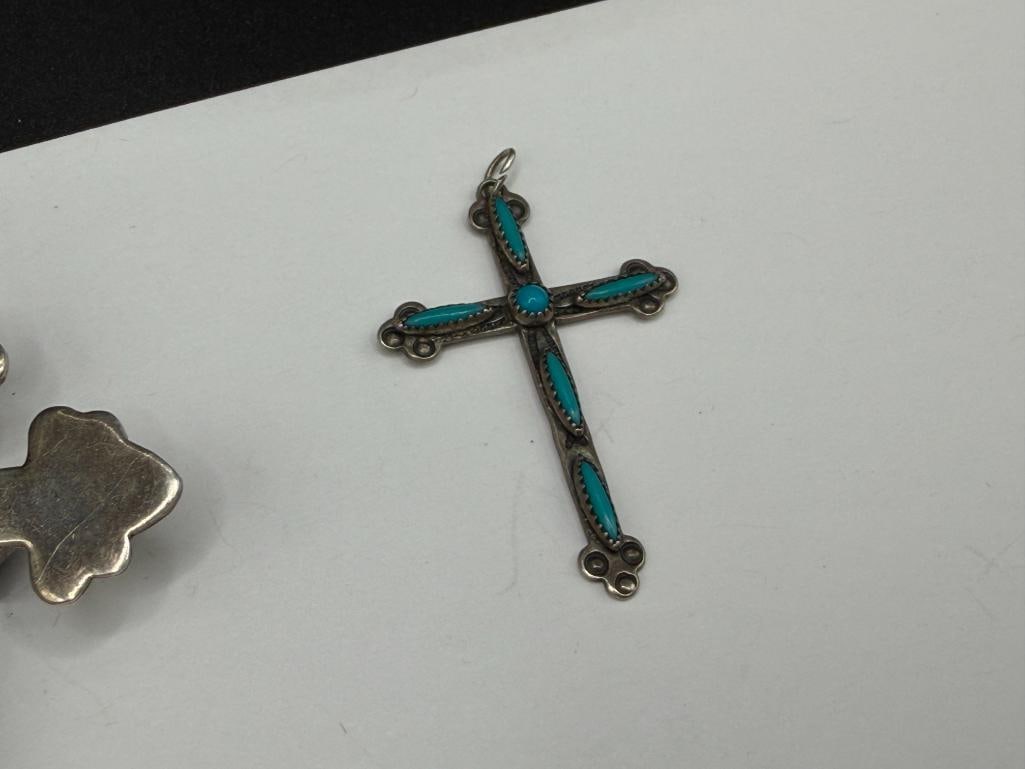 TWO NAVAJO STERLING SILVER TURQUOISE CROSS PENDANTS - 6