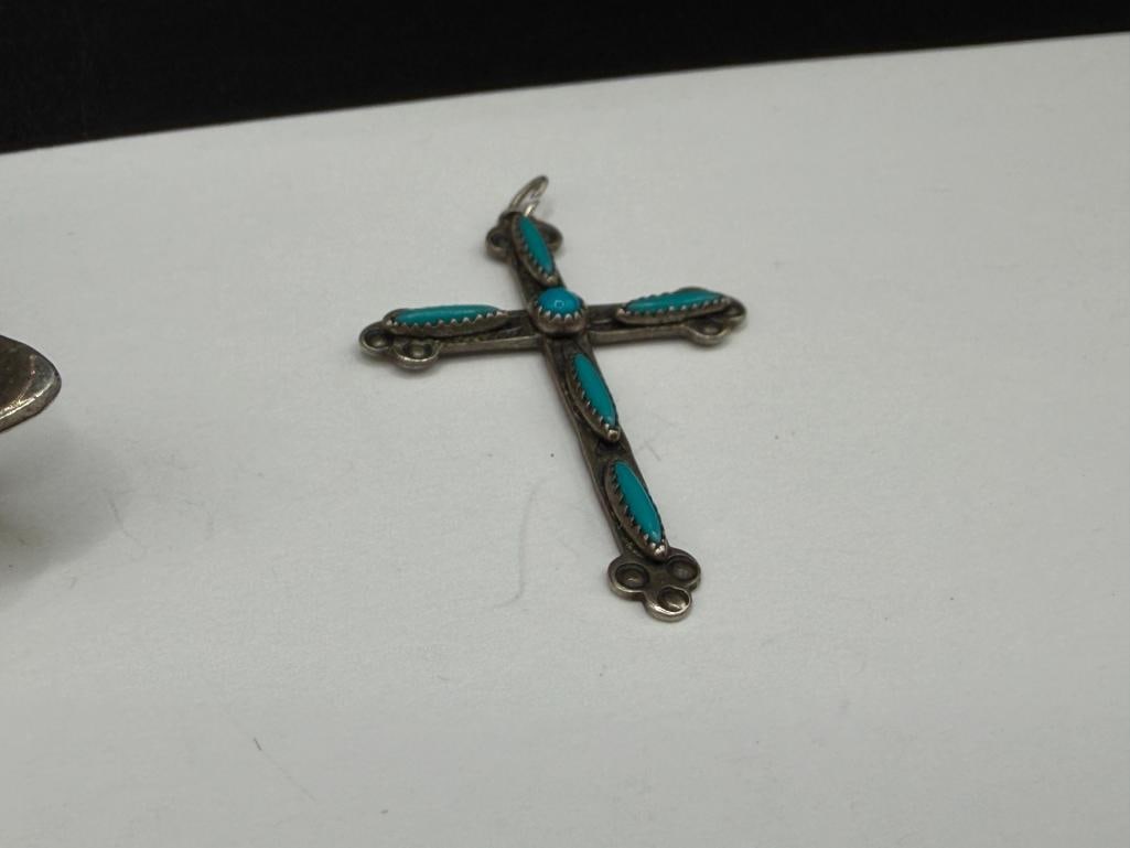 TWO NAVAJO STERLING SILVER TURQUOISE CROSS PENDANTS - 7