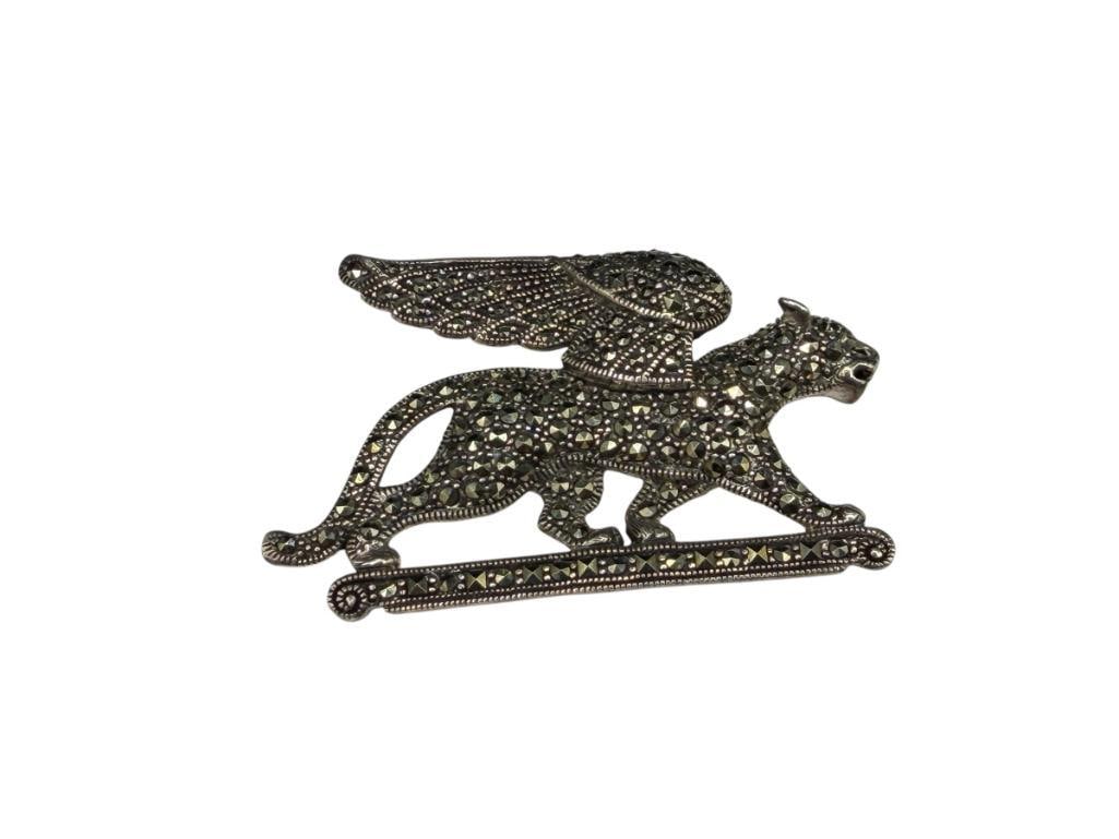 STERLING SILVER MARCASITE GRIFFIN BROOCH: MARKED "THAILAND" 2 1/4", 19.40 GRAMS