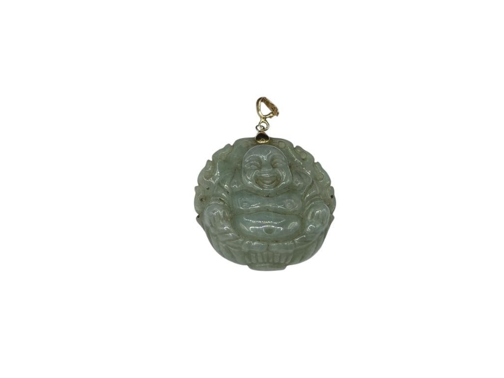 ASIAN CARVED JADEITE BUDDHA WITH 14K YELLOW GOLD BAIL: 1 1/2", 12.24 GRAMS