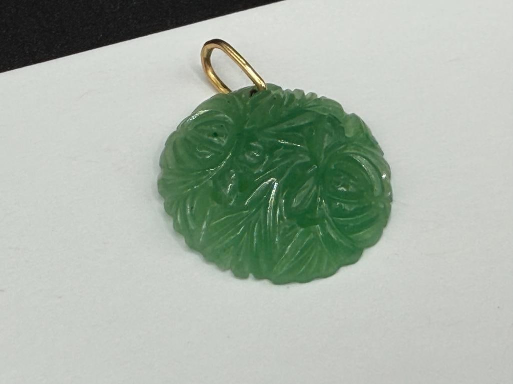 ASIAN CARVED GREEN JADEITE FLORAL DESIGN PENDANT WITH 14K YELLOW GOLD BAIL - 2